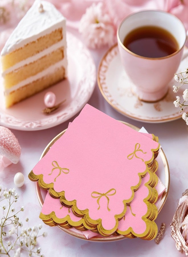 ARQRHTLY 150 Pcs Gold Bow Pink Napkins, Pink Cocktail Napkin with Gold Foil Scalloped Edges 6.5 X 6.5 Inch, Bow Paper Cocktail Napkin for Bachelorette Bridal Party Decor Girls Birthday Baby Shower Supplies - Image 5